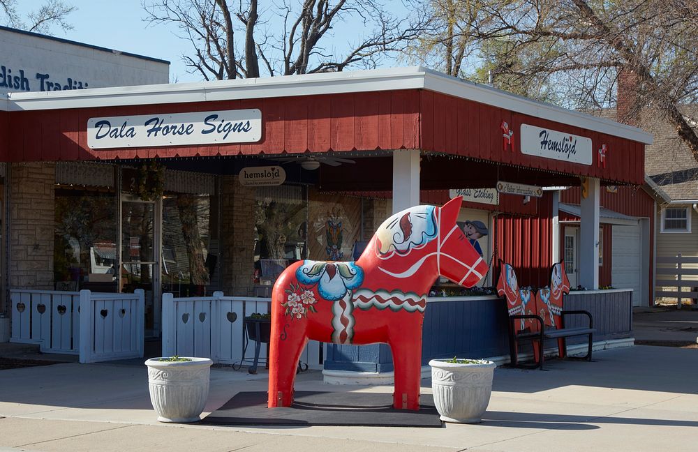                         One of several traditional painted Swedish Dalecarlian, or Dala, horses in Lindsborg, Kansas, which…