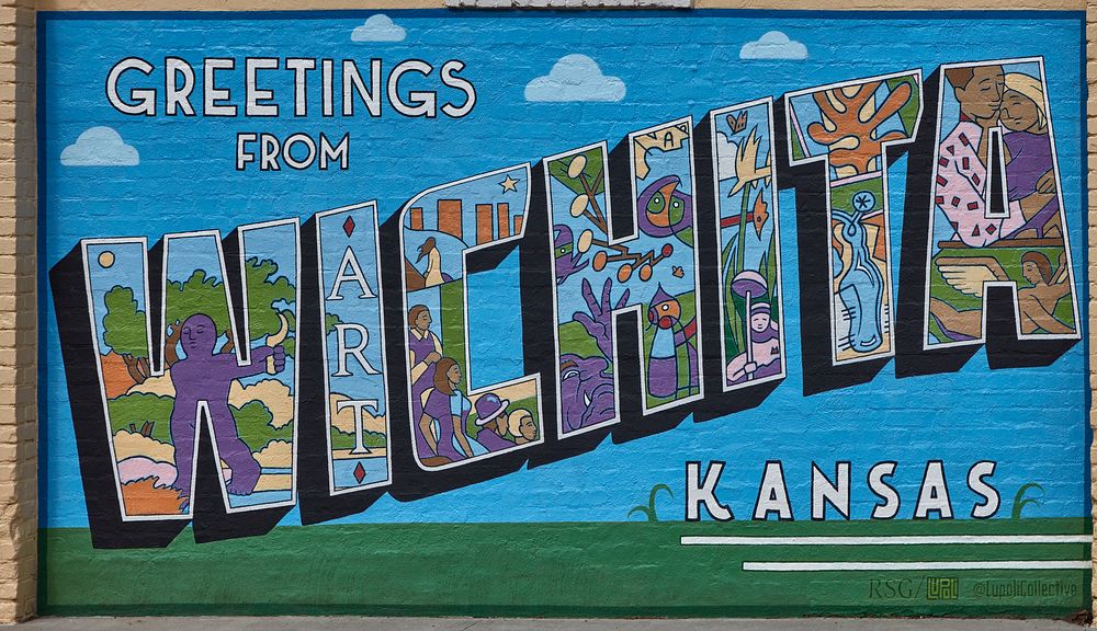                         A postcard-style mural greeting in Wichita, which, although having only about 385,000 residents, is…