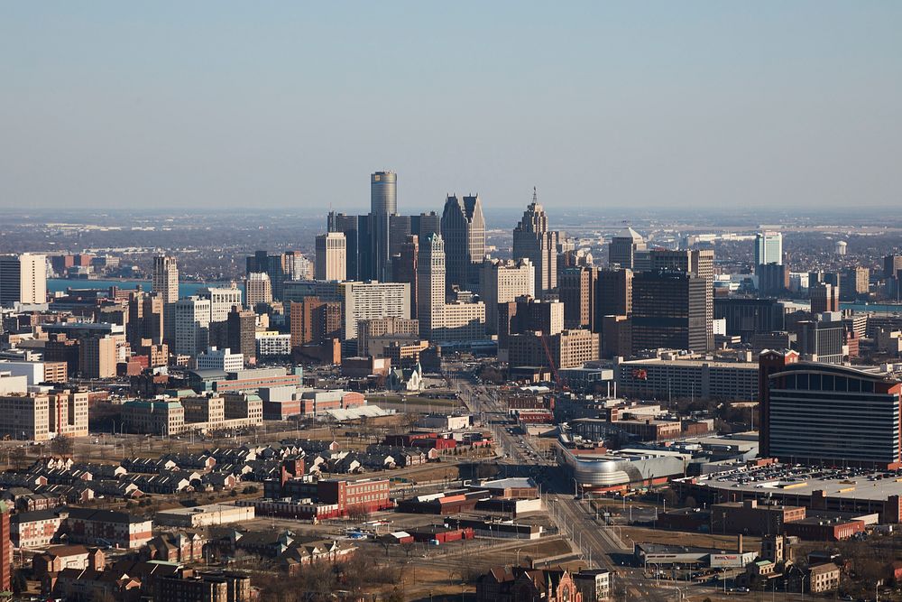                         Aerial view of the Detroit, Michigan, skyline                        