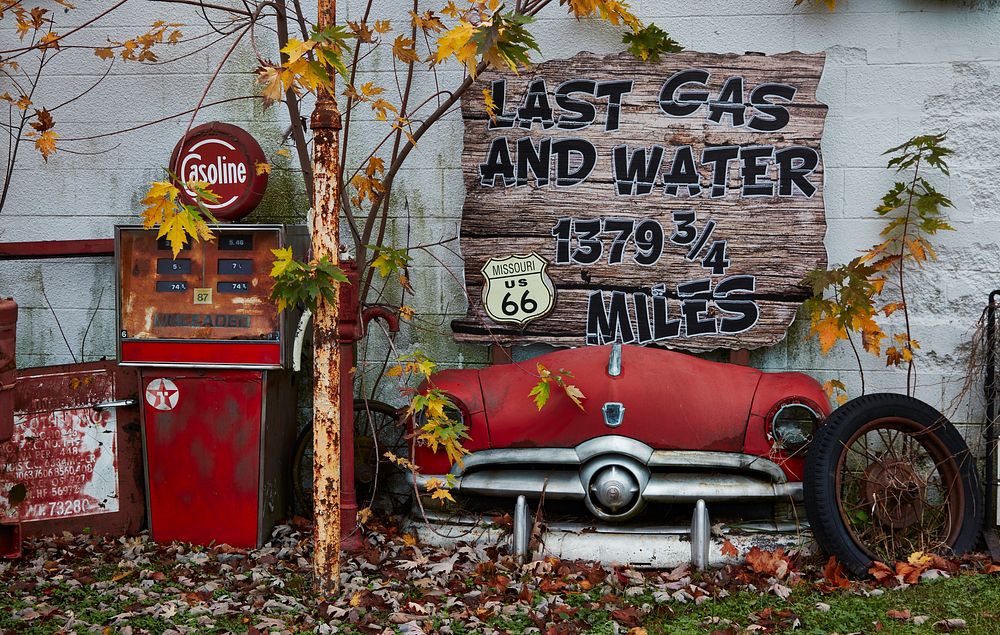                         Detail of Don's Old Cars & Antiques store along old U.S. Route 66 in Springfield, Missouri, through…
