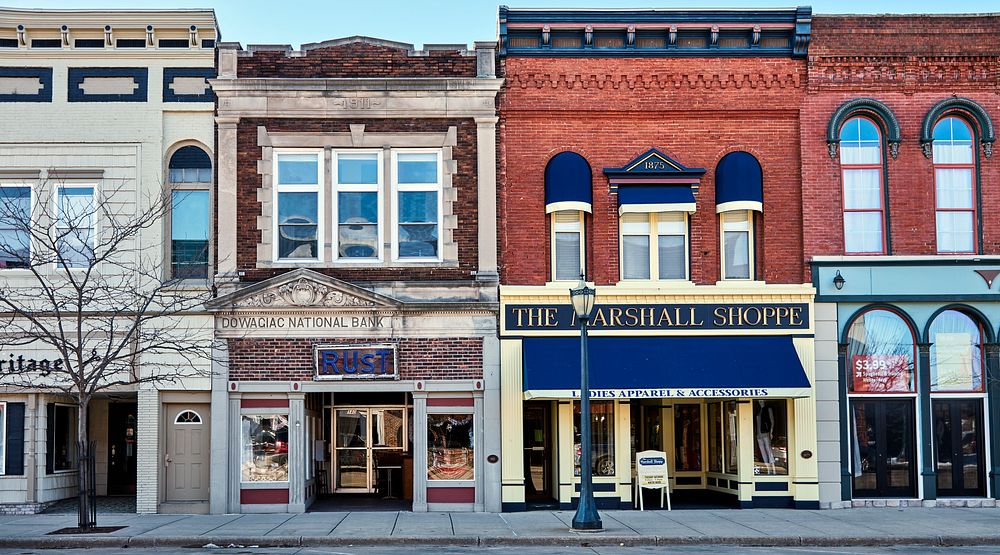                         Portion of a downtown block in Dowagiac, Michigan. The small city's name is a Potawatomi Indian word…