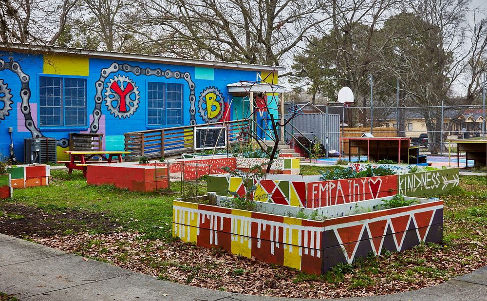                         The colorful FYB Community Garden of the Front Yard Bikes community organization in the low-income…