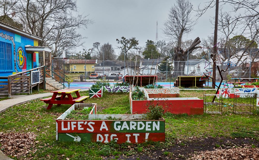                         The colorful FYB Community Garden of the Front Yard Bikes community organization in the low-income…
