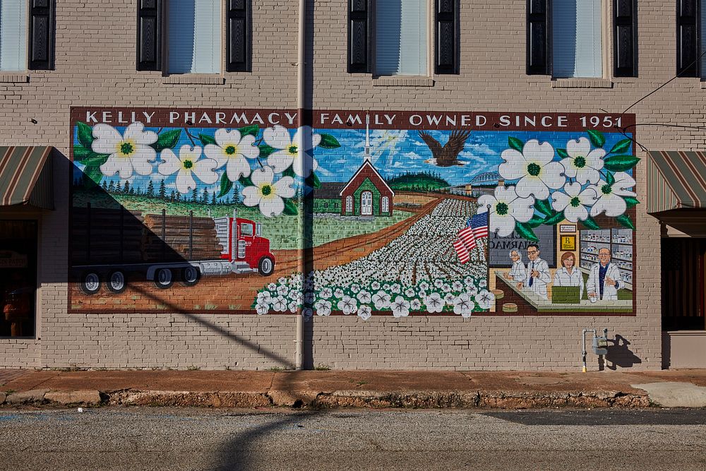                         Historical mural sponsored by a local pharmacy in Plain Dealing, a small town in northwest…