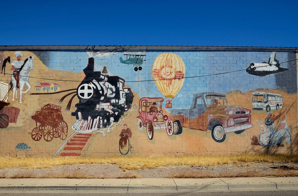                         A transportation-themed mural on a building across the street from the railroad depot in Las Cruces…