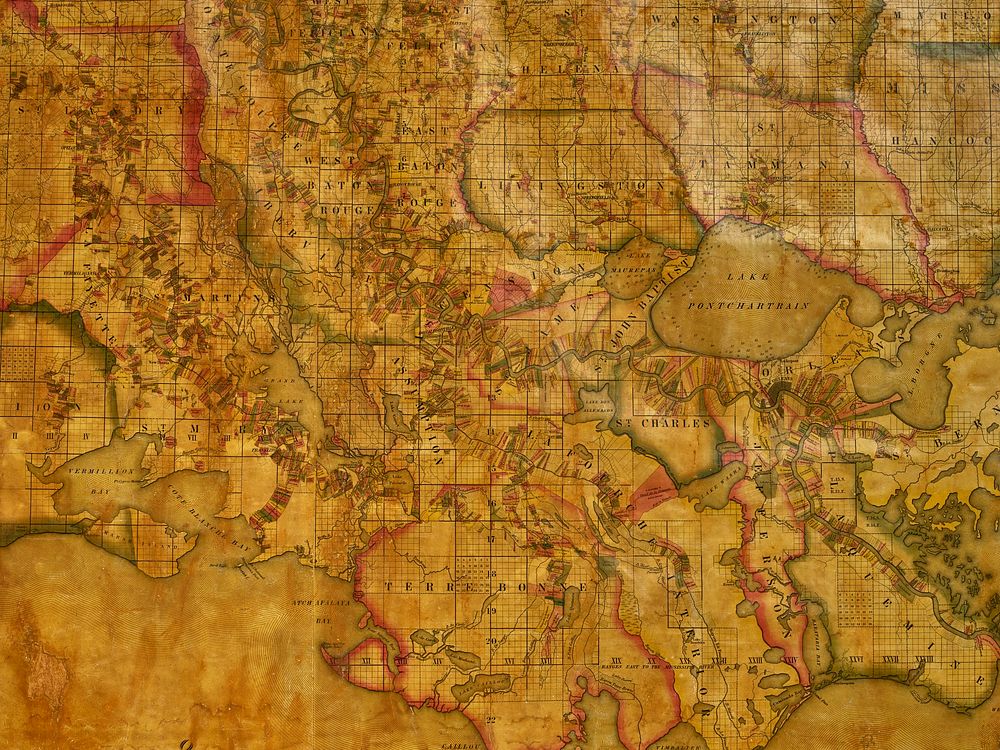                         A portion of John La Tourrette's historic (and giant) 1848 reference map of Louisiana showing land…