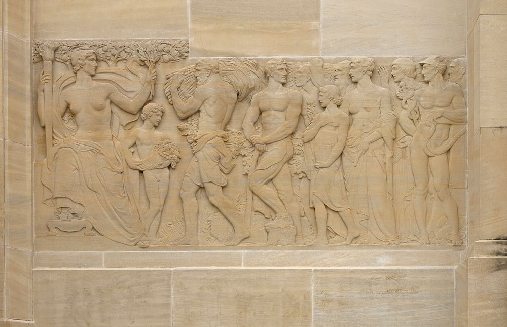                         One of two relief panels by Adolph A. Weinman at the entrance to the Louisiana State Capitol in…