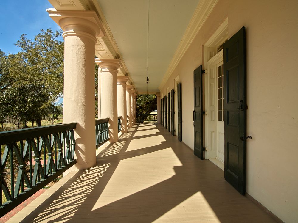                        The second-floor wraparound porch of the Big House, as it is known, at Oak Alley in Vacherie…