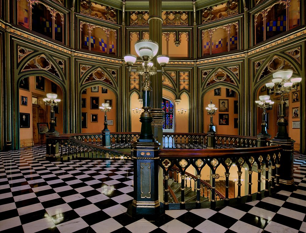                         Ornate balcony and stairway details at Louisiana's Old State Capitol Building in Baton Rouge, which…