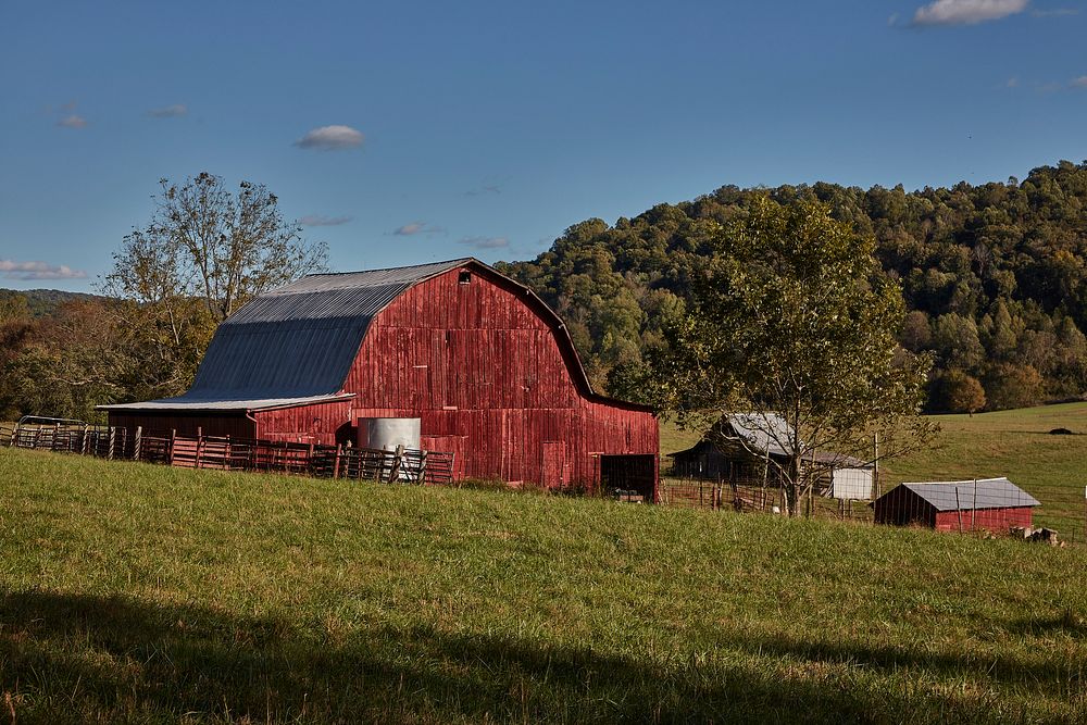                         A farmstead of classic red barns and outbuildings near Cookeville, Tennessee                        
