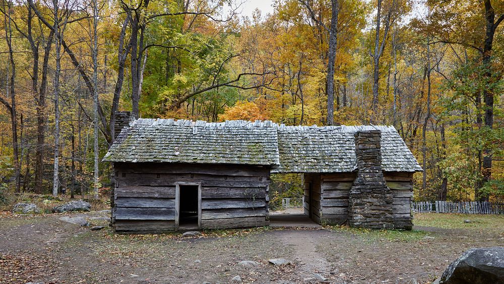                         The circa-1930 "Ephraim Bales Place," a rustic "dogtrot" cabin along the Roaring Fork Motor Nature…