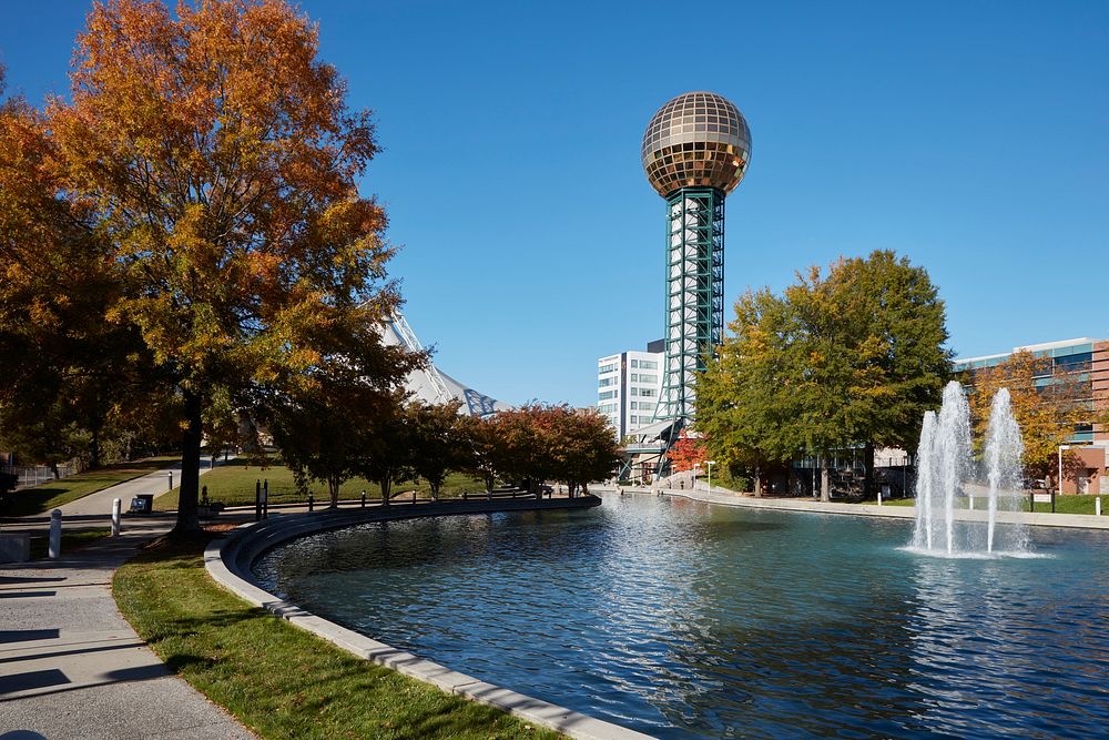                         Lagoon-side view of the 26-story-tall Sunsphere, the signature landmark of the 1982 World's Fair…