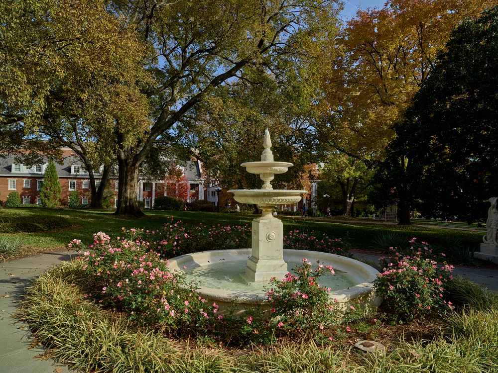                         Garden fountain at Belmont Mansion, an 1859 Italian villa-style manor home at the university bearing…