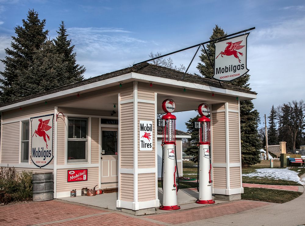                         Replica of an early Mobilgas station and one of the structures and artifacts presented in a…