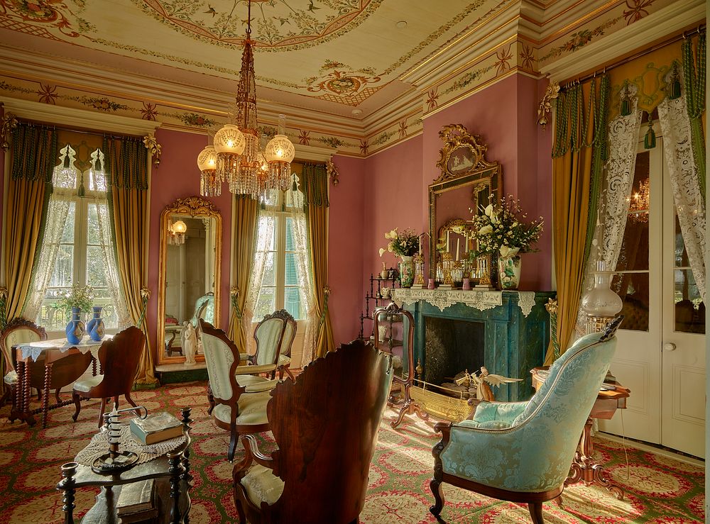                         Elegant sitting rooms at San Francisco Plantation house, built in the 1850s on land now (as of 2021)…