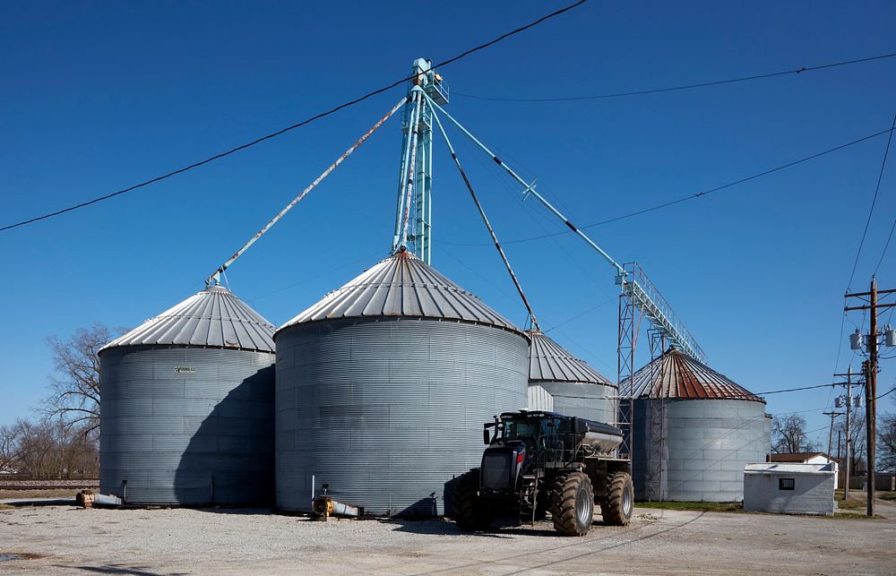                         A cluster of metal grain silos near Clark, Missouri                        