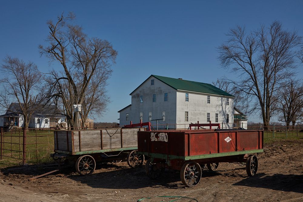                         Logging wagons in rural Missouri's "Amish County," near the town of Clark                        