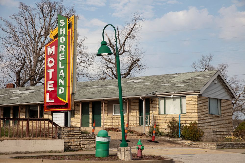                        The modest Shoreland Motel at the Lake of the Ozarks family resort around a winding reservoir of the…