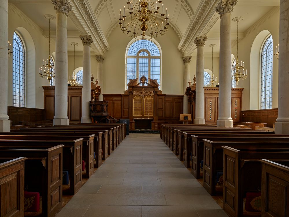                         Sanctuary inside the rebuilt Church of St. Mary the Virgin, Aldermanbury, is a seventeenth-century…