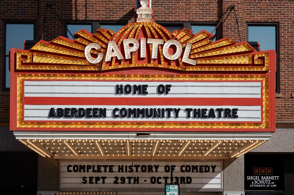                         Marquee of the historic Capitol cinema and live-event theater in Aberdeen, a small city in northeast…