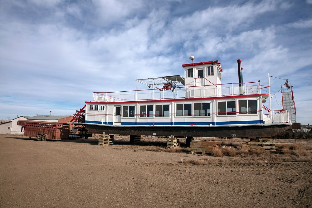                        The Missouri River paddlewheel steamboat "Sunset" sits in drydock for the winter season in Fort…