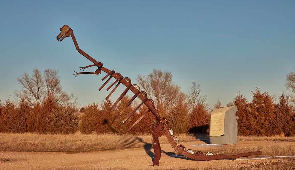                         Odd metal art adjacent to the Carhenge outdoor monument to automobiles near Alliance in northwest…