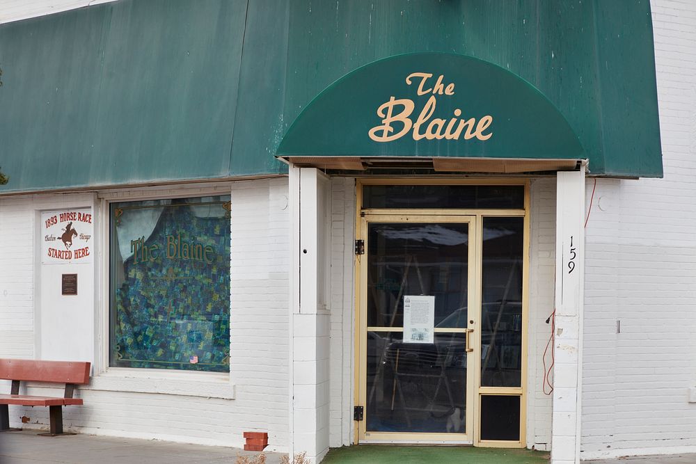                         Entrance to the old Blaine Hotel, now (as of 2021) a building of rental units in Chadron, a small…