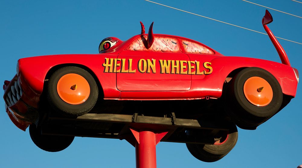                         One of several imaginative cartoon-style car creations in the Fred's Flying Circus display outside…