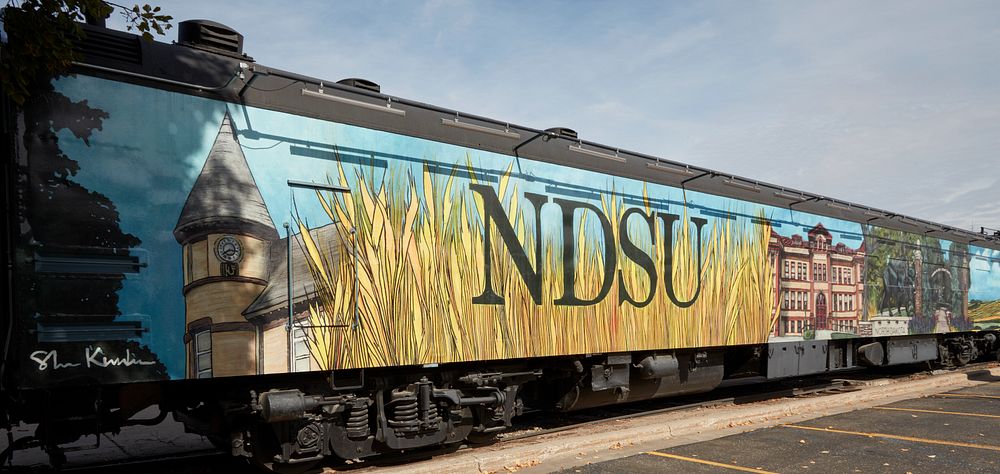                        Artwork on train cars parked at the Northern Pacific Railroad Depot in Fargo, North Dakota, the…