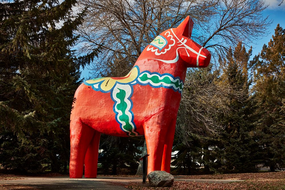                         A 30-foot-tall example of a brightly colored Swedish Dala horse at the Scandinavian Heritage Park in…