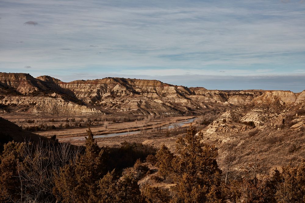                         Overlook view of the Little Missouri River within Theodore Roosevelt National Park near Medora in…