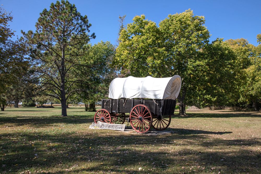                         A covered wagon at Fort Kearny State Historical Park, remembering an important outpost along the old…