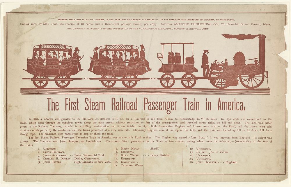 The first steam railroad passenger train in America, Boston, Mass. : Antique Publishing Co., c1870.