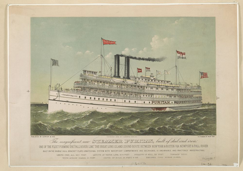 The magnificent new steamer Puritan, built of steel and iron: one of the fleet forming the "fall river line" the great Long…