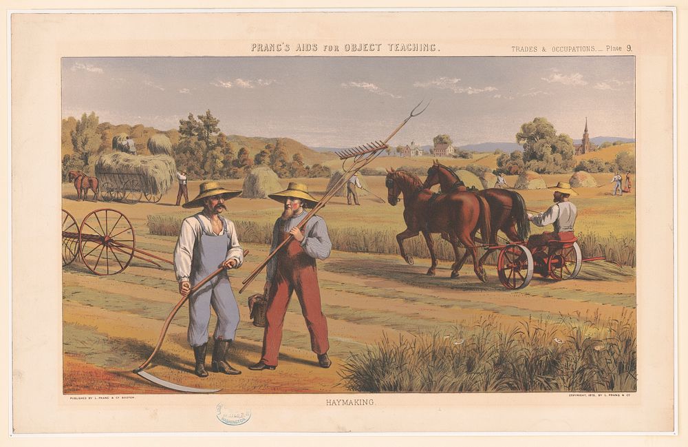 Prang's aids for object teaching. Trades & occupations - Plate 9. Haymaking, c1875.