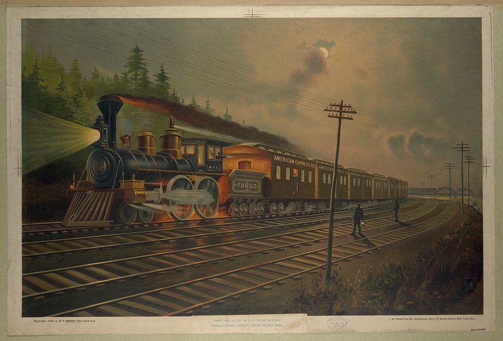 Night scene on the New York Central Railroad., American Express company's special express train