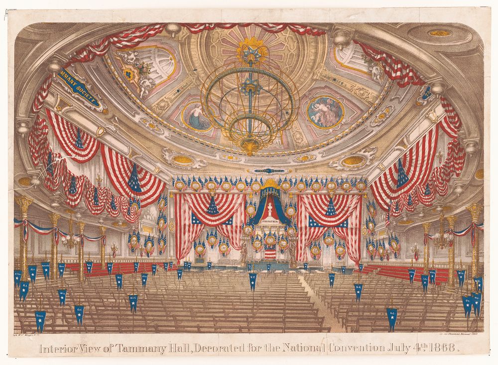 Interior view of Tammany Hall, decorated for the National Convention July 4th 1868