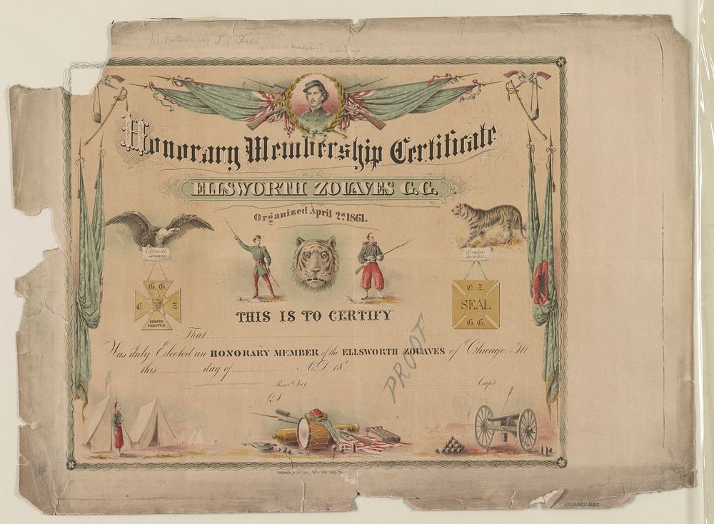 Honorary membership certificate. Ellsworth Zouaves G.G. Organized April 2d. 1861