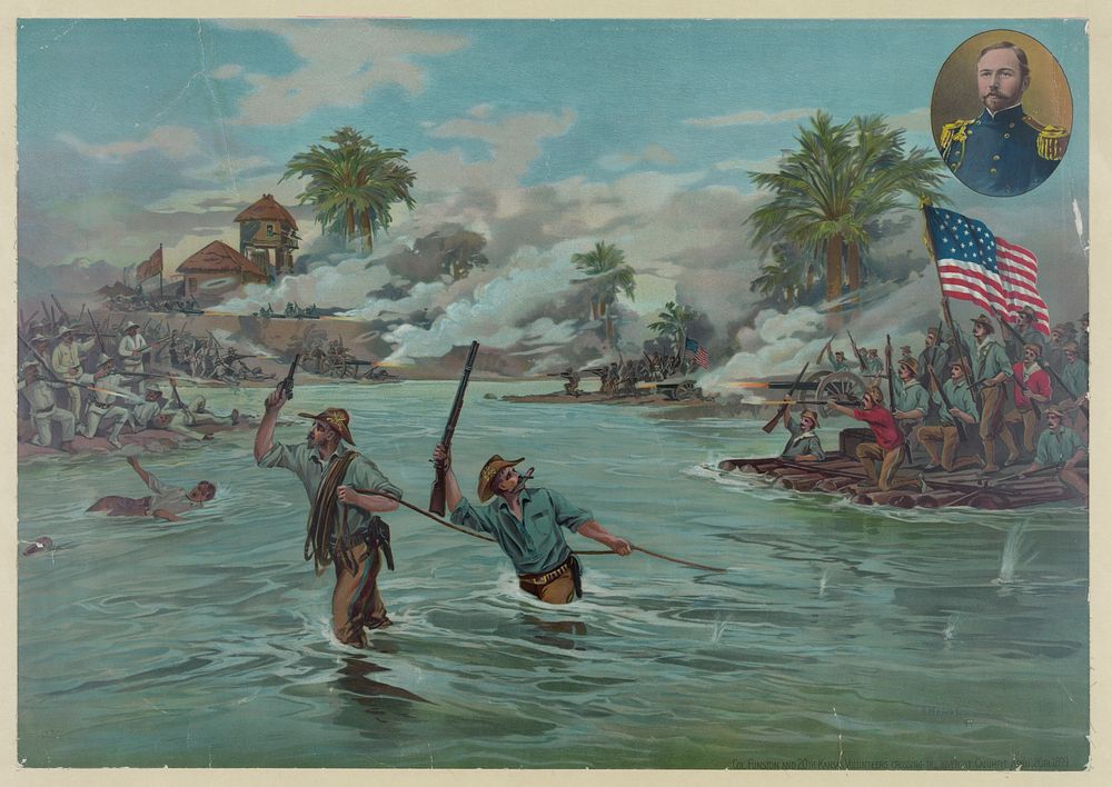 Col. Funston and 20th Kansas volunteers crossing the river at Calumpit, April 26th 1899 / A. Hencke '99.