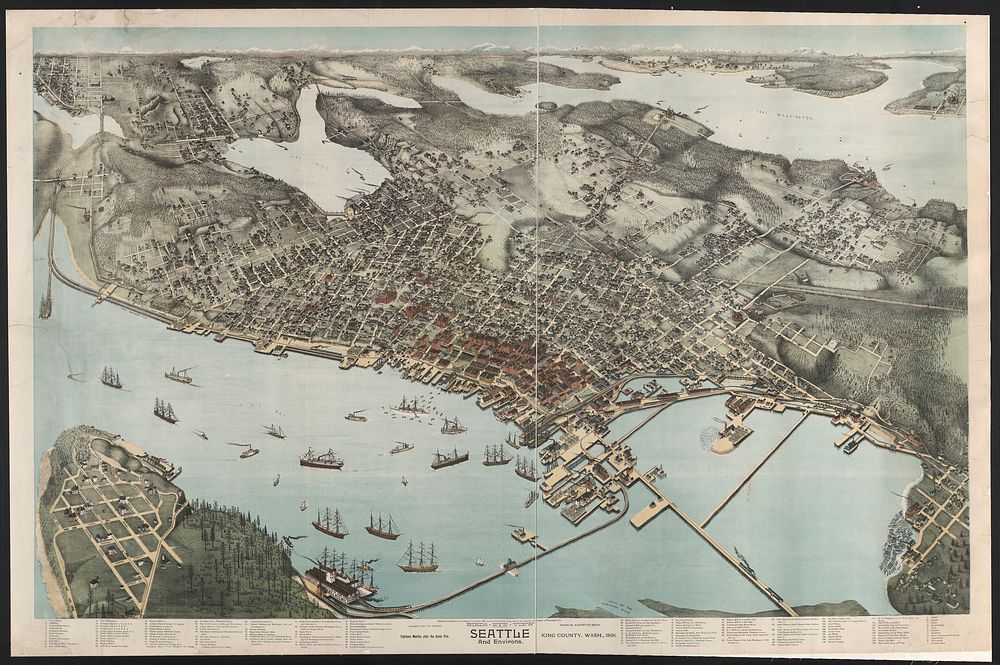 Birds' eye view of Seattle and environs, King County Wash., 1891, eighteen months after the great fire / drawn by Augustus…