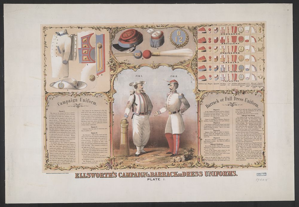 Ellsworth's campaign & barrack or dress uniforms. Plate 1 / published and lithographed by Edw. Mendel, 162 Lake St., Chicago.