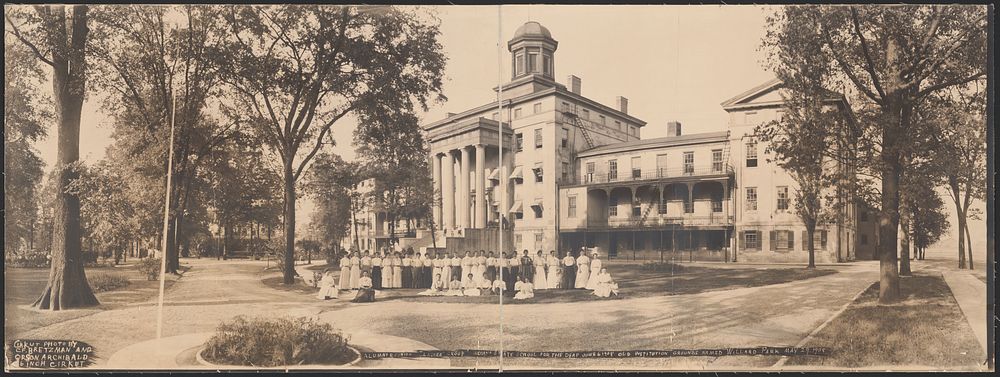 Alumni reunion, "Ladies' Group", Indiana State School for the Deaf, June 6, 1908, old Institution grounds named "Willard…