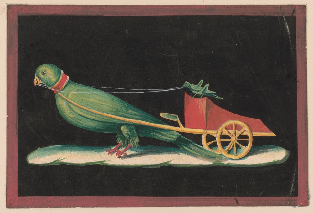 [Frescoe at Pompeii showing a parrot pulling a chariot driven by a cricket], Lenghi, Giacomo, artist