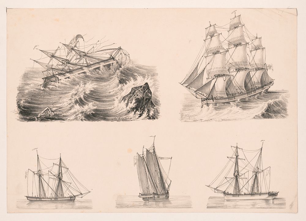 [Ships at sea, some undersail, one shipwreck] / C. Köpper.