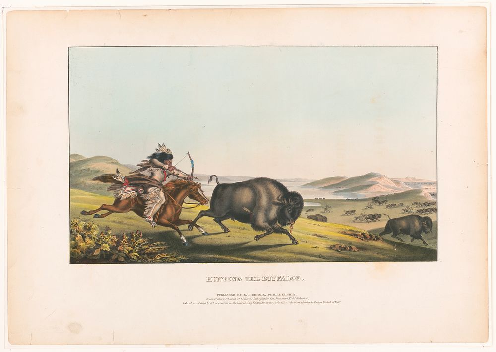 Hunting the buffaloe / drawn, printed & coloured at I.T. Bowen's Lithographic Establishment No. 94 Walnut St.