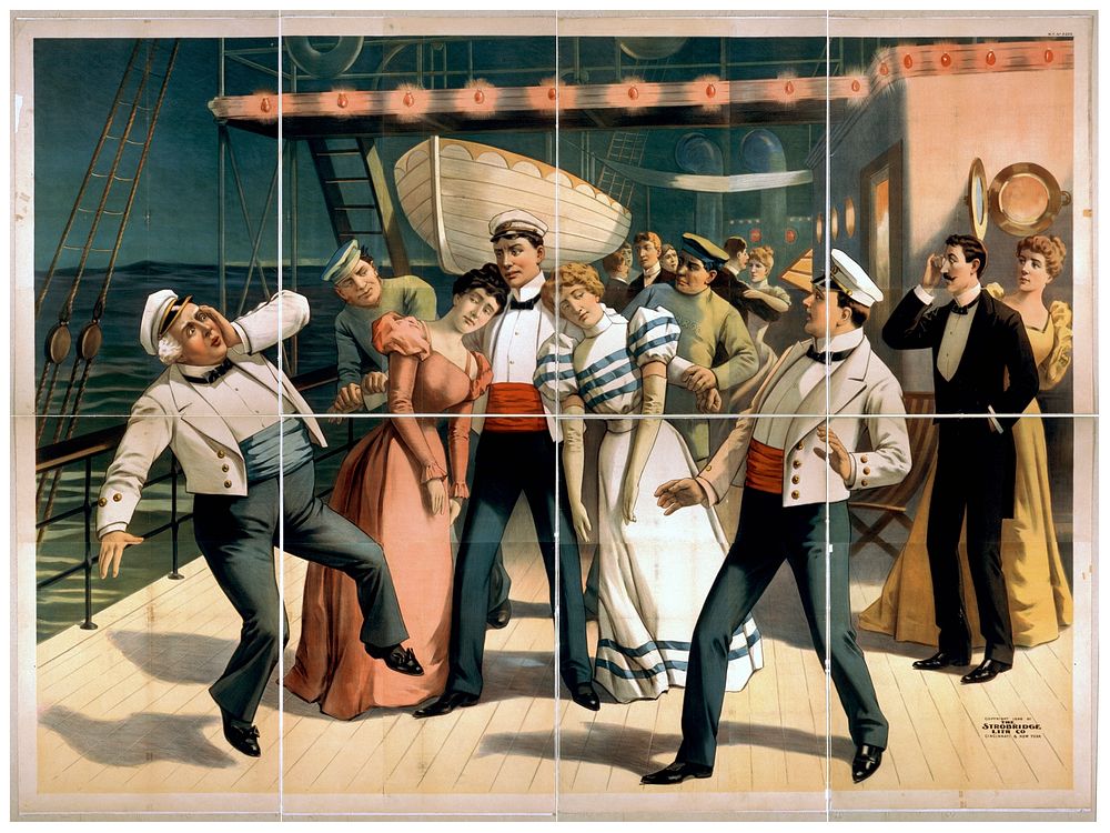 [Group of sailors and passengers aboard ship], Strobridge & Co. Lith.