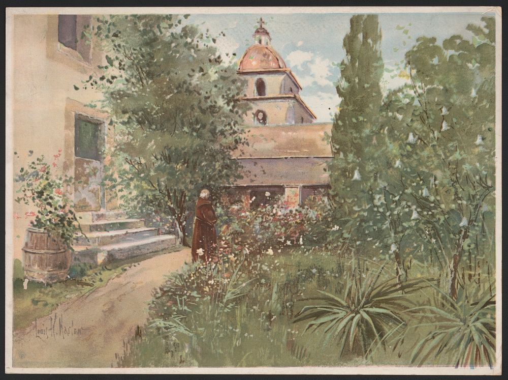 Santa Barbara Mission, garden scene / Louis K. Harlow., L. Prang & Co., publisher
