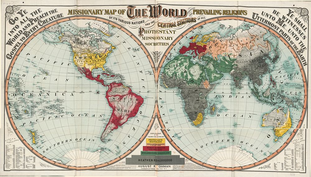 Missionary map of the world showing prevailing religions of its various nations and the central stations of all Protestant…