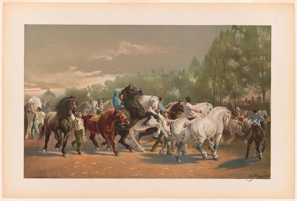 [Men leading horses to a livestock show] / HT [monogram] ; W.J. Morgan & Co. lith. no. 947 Cleveland, O.