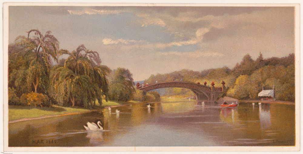 Central Park Views. No. 5 The lake and bow bridge / H.A.F. 1869 ; after oil painting by H.A. Ferguson, N.Y., L. Prang & Co.…